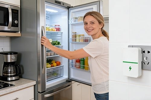 StopWatt in a kitchen outlet near the refrigerator